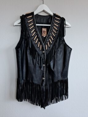 Tribe America Black Leather Vest Fringe Beadwork Native Western Boho Festival